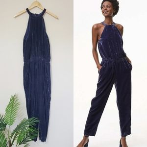 LOFT Blue Crushed Velvet Halter Tie Jumpsuit